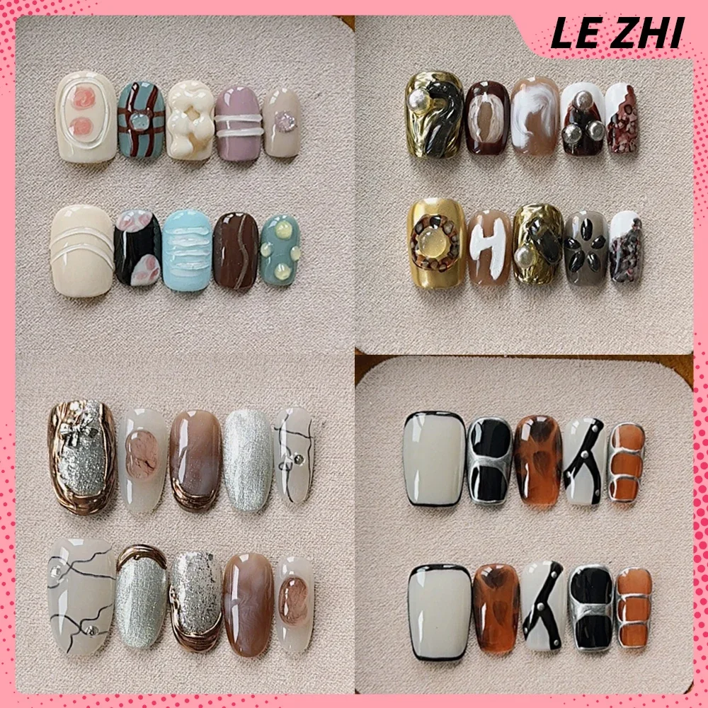 10Pcs Kawaii Short Square Round Handmade Full Cover Nail Cute Pig Rabbit Hand Painted Flower Bow Star Pearl Press On Nails