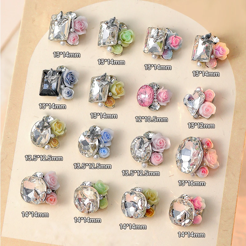 5PCS 3D Nails Accessories Pink Rose Crystal Pearl Pile Drill Handmade Tip Bottom Charms  Manicure