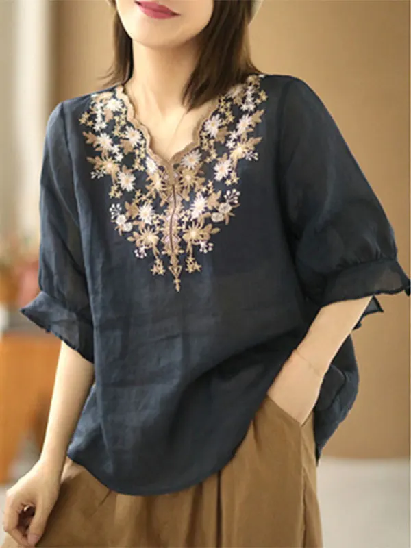 Ele V-Ne ort Sve Ricamato Lino Cotone irt Donna Estate Casual Vestibilità ampia Stampato irt Protezione UV