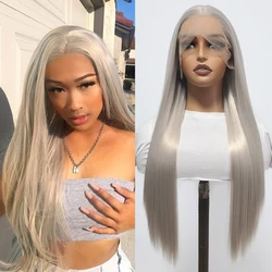 XiuQingCh Sliver Grey Lace Wigs for Black Women Straight Synthetic Lace Front Wig Pre Plucked with Baby Hair Glueless Daily Wigs