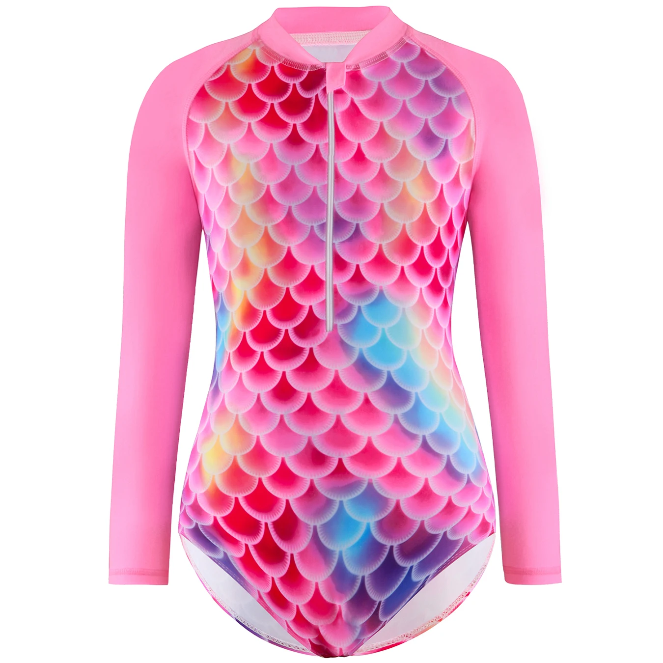 

Купальник для девочек с вырезом бикини, цельный длинный рукав, розовый купальник с 3D-принтом в масштабе, пляжный стиль русалки, рашгард для плавания, лето