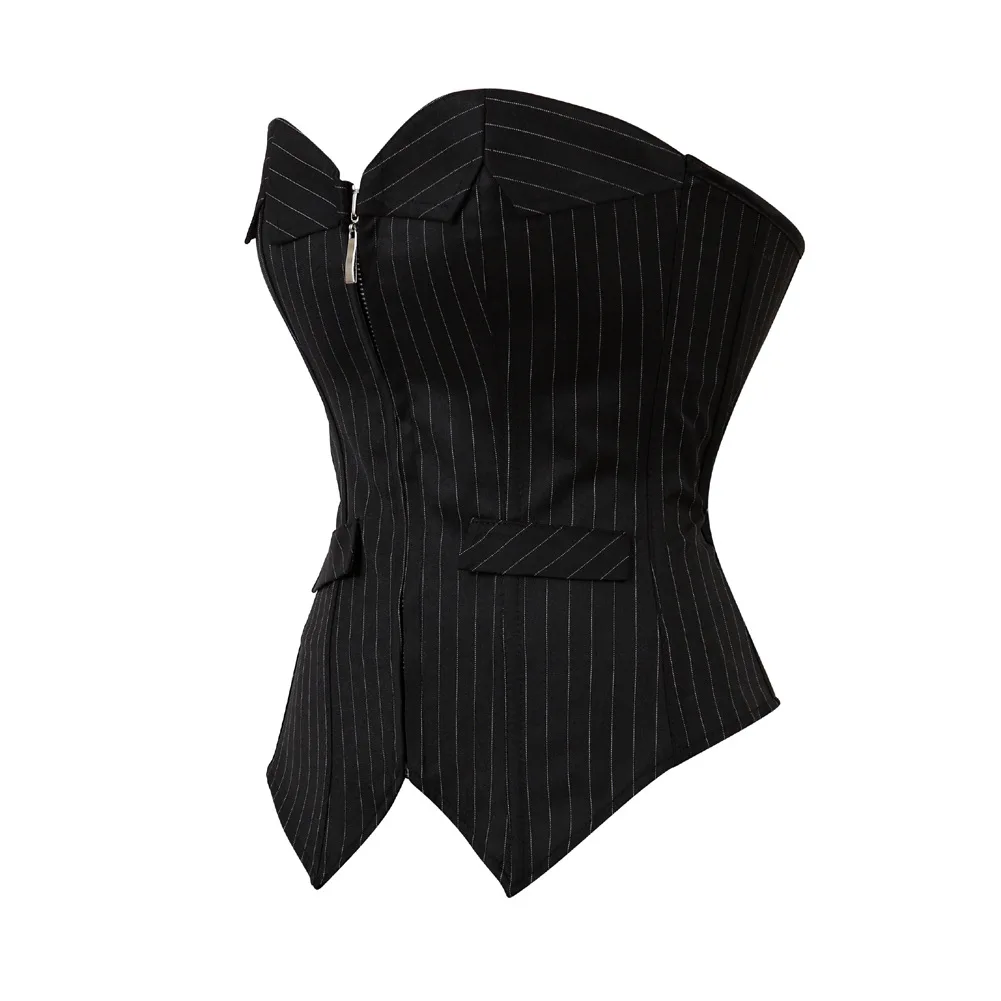 Sexy Black Striped Overbust Corset Office Lady Corselet Sexy Women Zip Corset Bustier Strapless Tops Costume Fashion