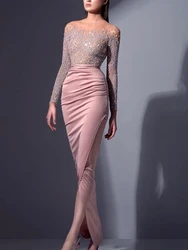 21 Pink Fashion O-Neck Natural Long Sleeves Mermaid/Trumpet Ankle-Length Evening Dresses/Women Prom Gowns Sequins Free Shipping