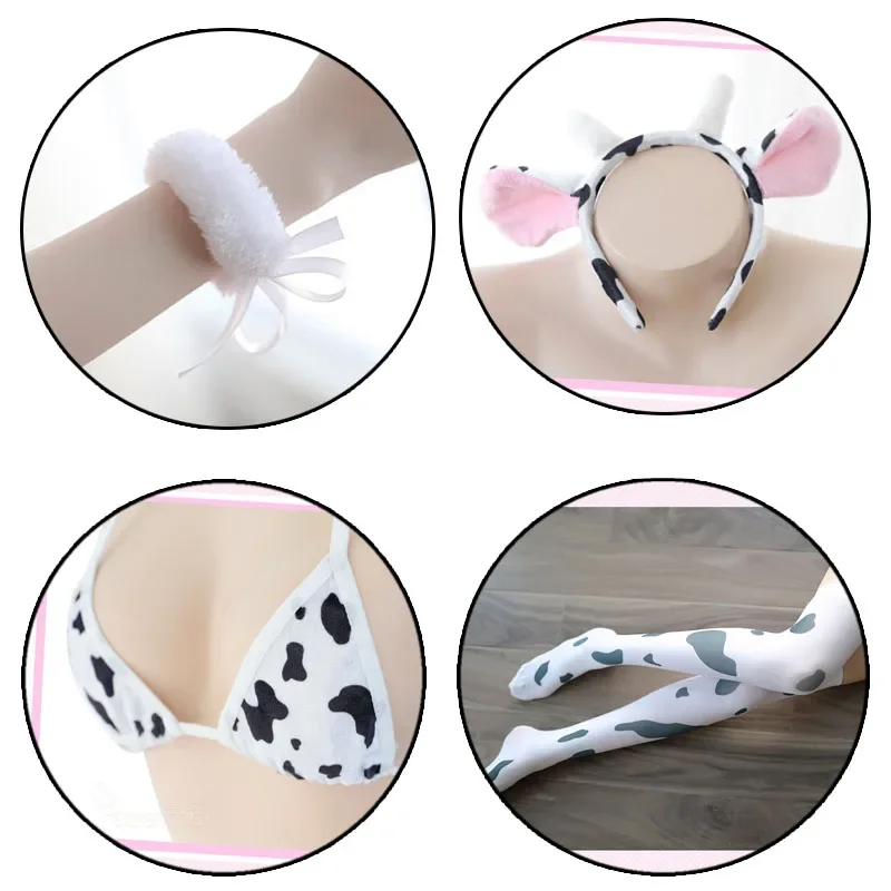 Japanese Anime Super Sonico Cow Cosplay Costume Lolita Girl Cute Bikini Suit Underwear Sexy Bra and Panty Lingerie Set Stockings