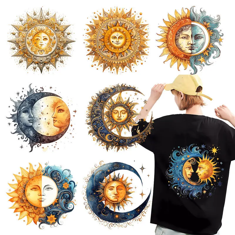 Heat Transfer on Clothes Iron On Patch for Hoodies, Sun and Moon, DTF Thermo Sticker Decals for Men and Women