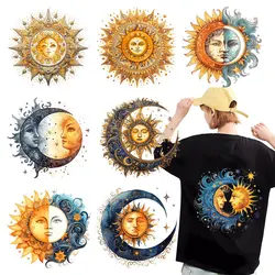 Heat Transfer on Clothes Iron On Patch for Hoodies, Sun and Moon, DTF Thermo Sticker Decals for Men and Women