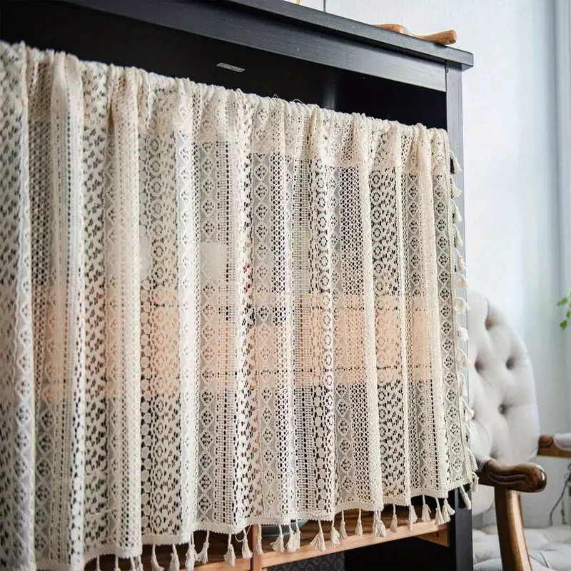 Beigefarbener, kreisförmiger, gemusterter, kurzer Vorhang mit hängender Quaste, kurzer Spitzenvorhang, Wohnzimmer, Schlafzimmer, Küchenschrank-Abdeckungsvorhang – Detail 5