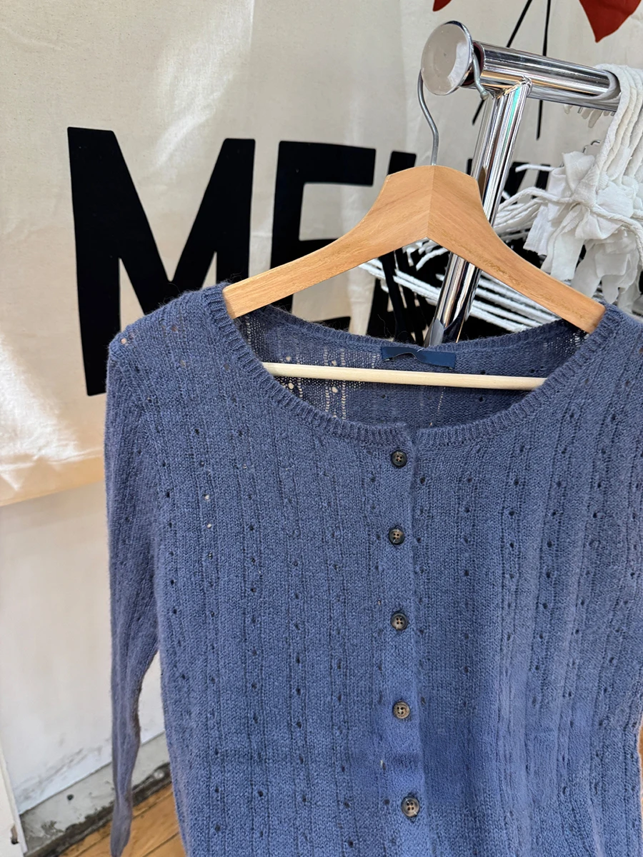 Однотонный тонкий вязаный свитер с люверсами, кардиган, женский осенний хлопковый трикотаж с круглым вырезом и длинными рукавами, женские милые универсальные простые топы