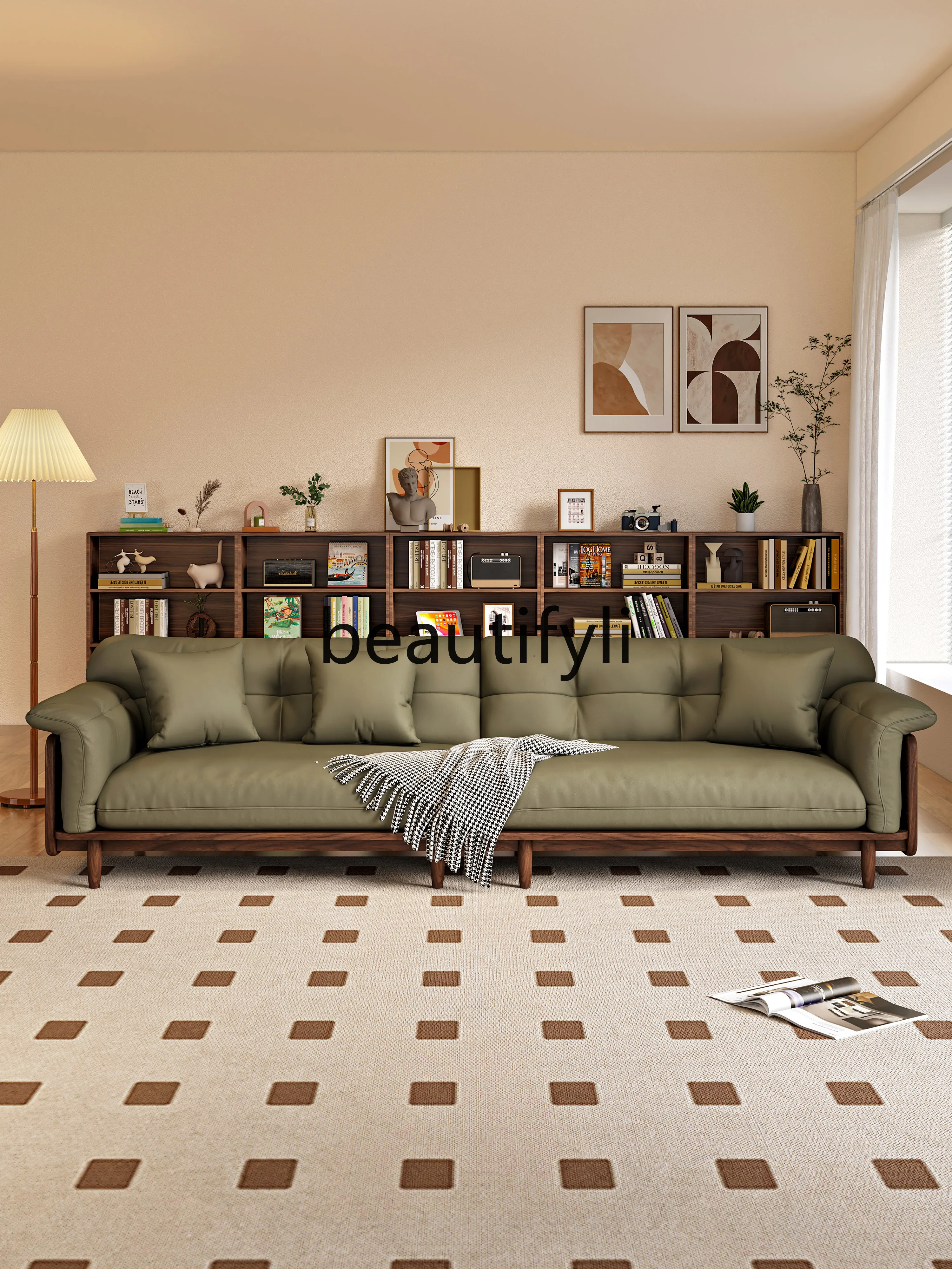 

Black walnut sofa Italian minimalist living room straight four-person solid wood leather sofa