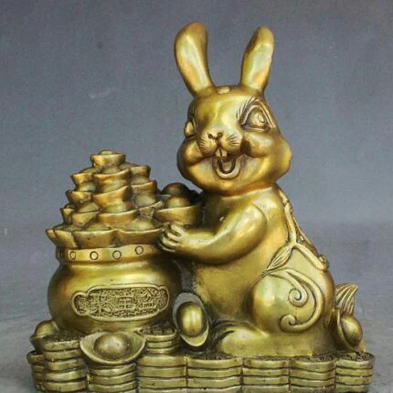 Chinese Fengshui Brass Fu Animal Rabbit Hold Yuanbao Money Treasure Bowl Statue