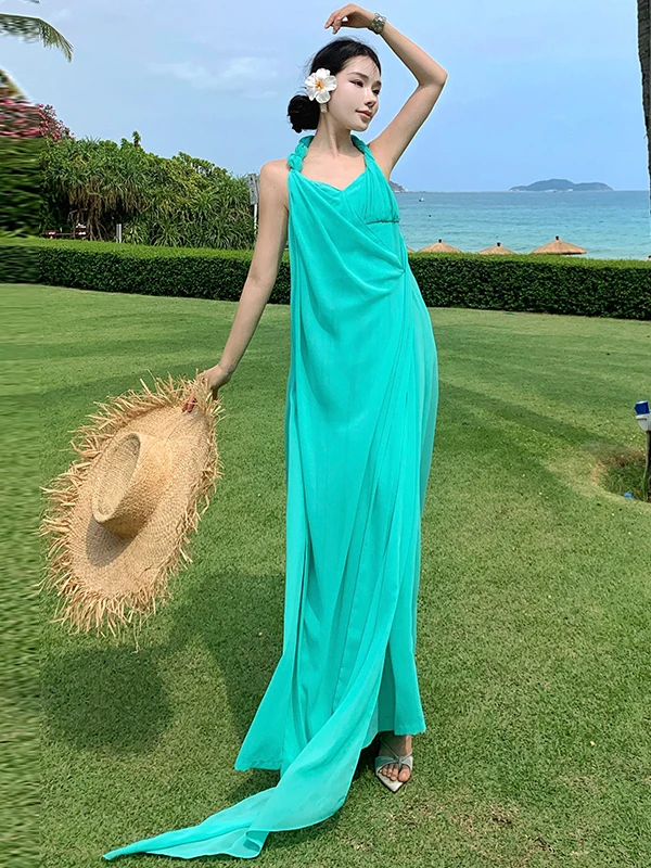 

Пляжное платье Island Beauty с длинной юбкой и поясом, в отпускном стиле, с открытой спиной, на бретельках, асимметричное летнее платье для пляжа