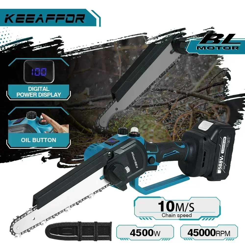 KEEAFFOR Brushless 8 Inch Electric Saw Automatic Oiler Chainsaw Garden Pruning Handheld Woodworking Tool for Makita 18V Battery