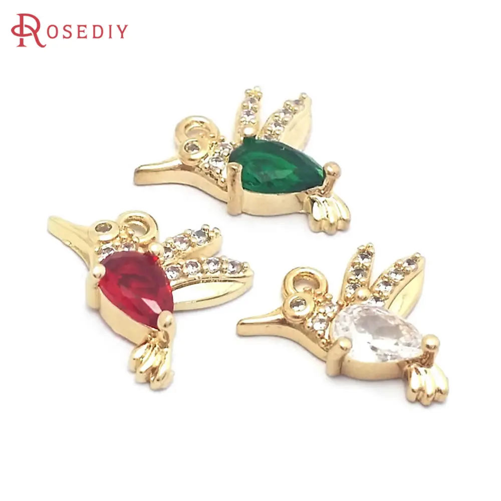 10PCS 10x14MM High Quality 18K Gold Color Brass and Zircon and Glass Hummingbird Charms Pendants Jewelry Making Findings