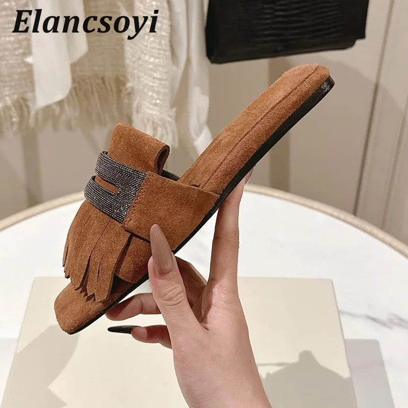 Metal String Bead Suede Tassels Flat Slippers Women Square Toe Lazy Sandals Summer Outdoor Vacation Shoes Sandalias De Mujer