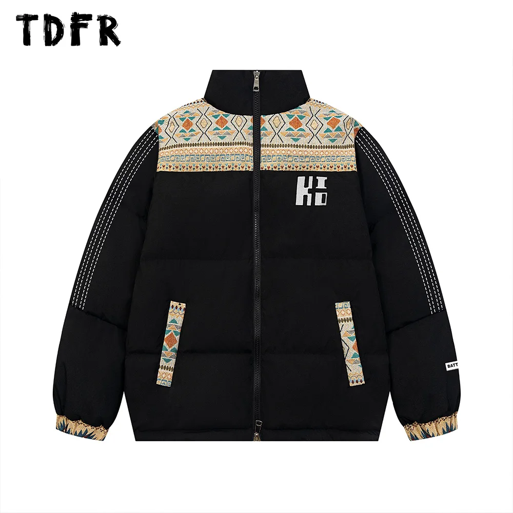 Spliced Letter Embroidery Padded Jacket Mens Drawstring Hem Retro Streetwear Winter Thick Stand Collar Long Sleeve Bread Jacket