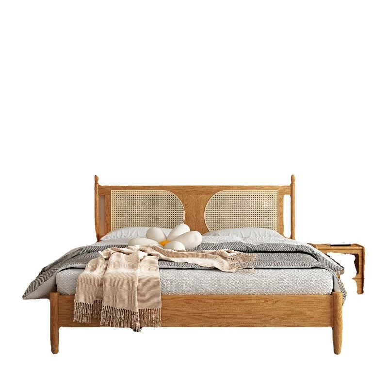

Nordic rattan solid wood bed, double modern simple log style small apartment bed