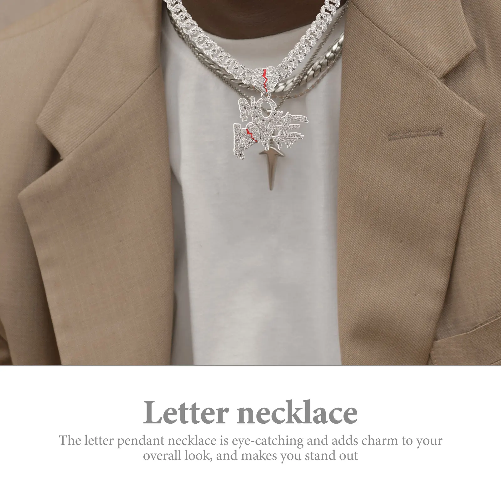 

Rhinestone Letter Heart Pendant Necklace 50cm Cuban Chain Silver Color Women Teens Casual Occasion Accessories