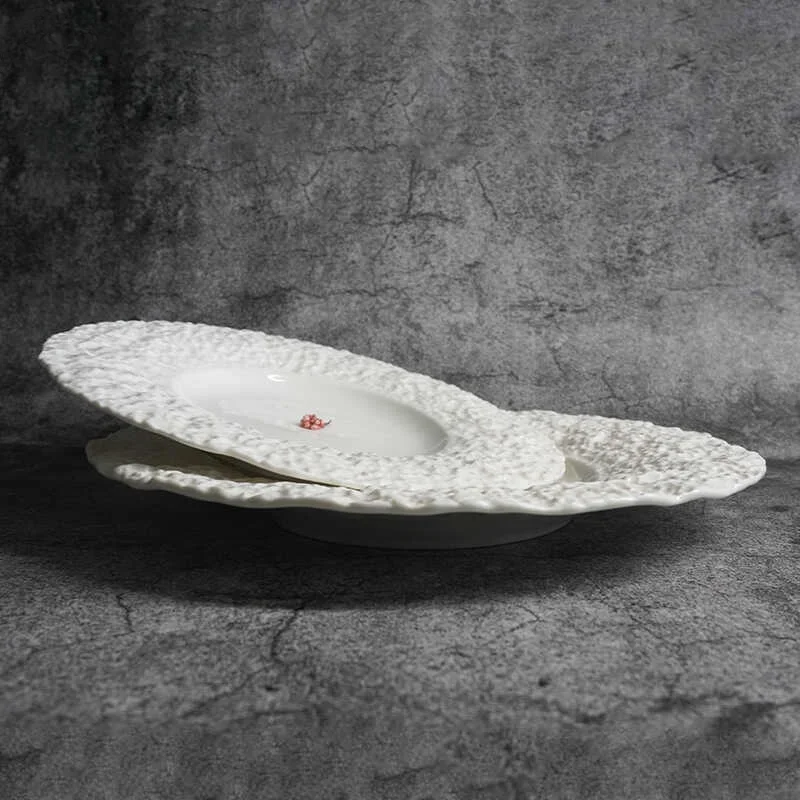 High-grade luxury white western-style food plate Hotel pasta plate Rock-grain ceramic cuisine artistic conception dish plate