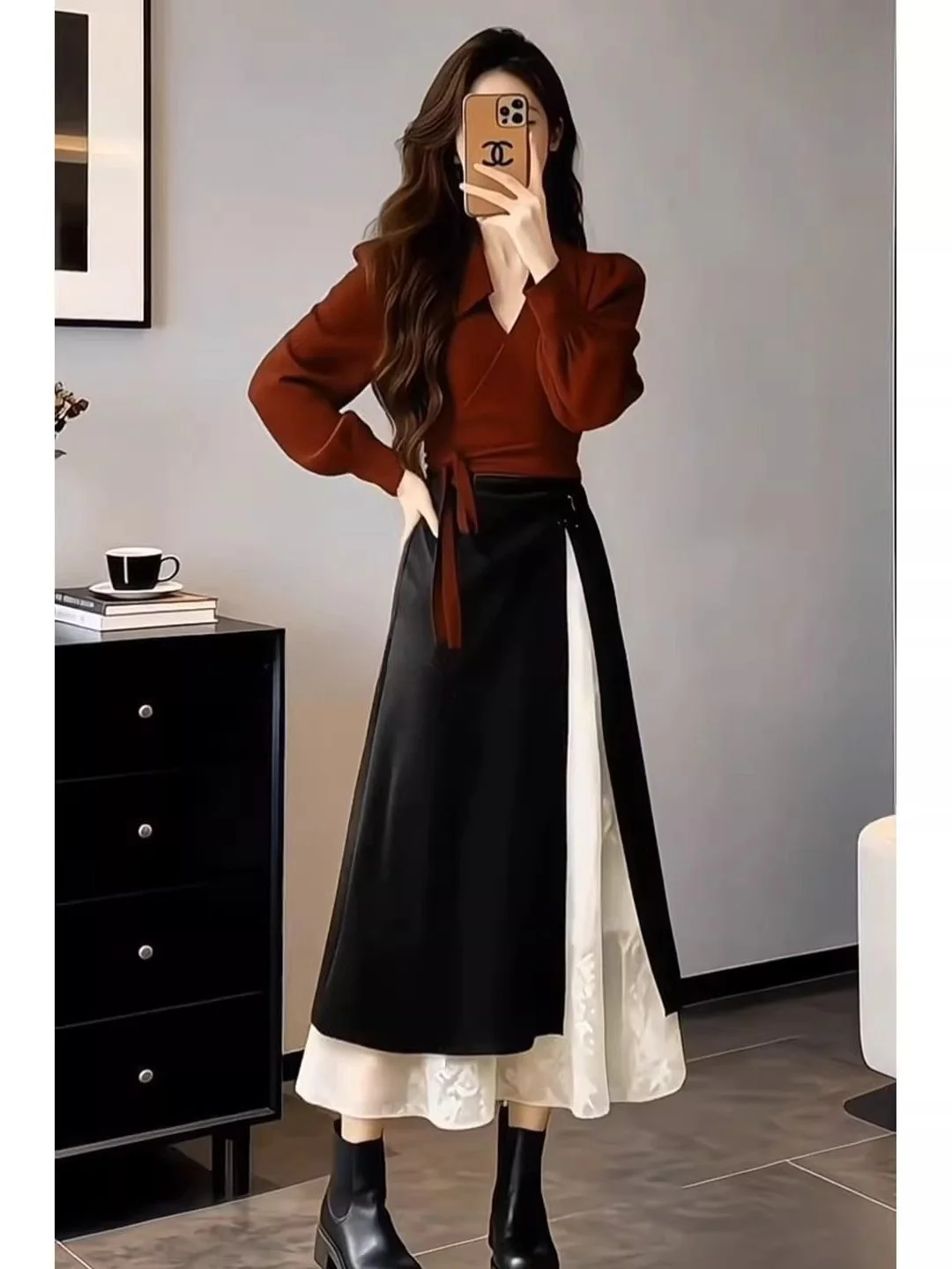 

Elegant Knitted Top And High Waist Skirt Two Piece Set for Women Beautiful Vintage Design Casual Style Spring Autumn Wear