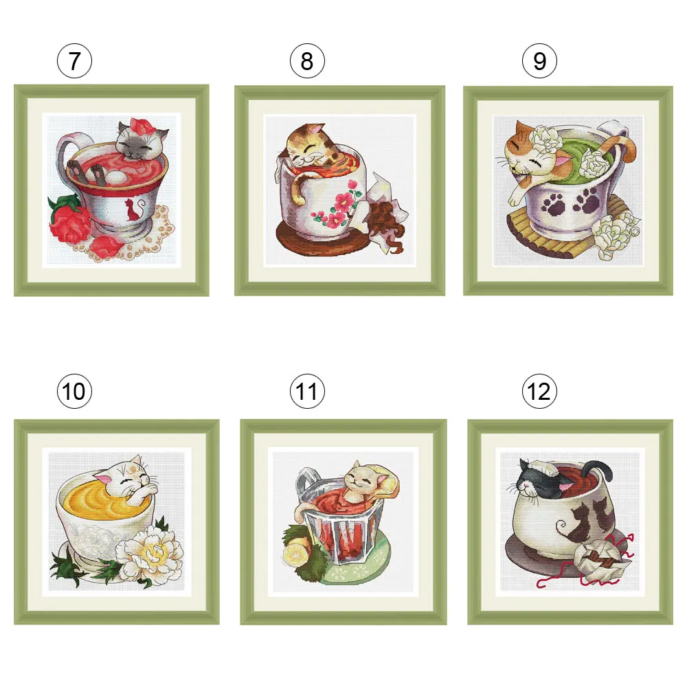 Multiple Couplet Painting Precise Print Fishxx Cross Stitch Kit D951 Teacup Cat Cute Cartoon