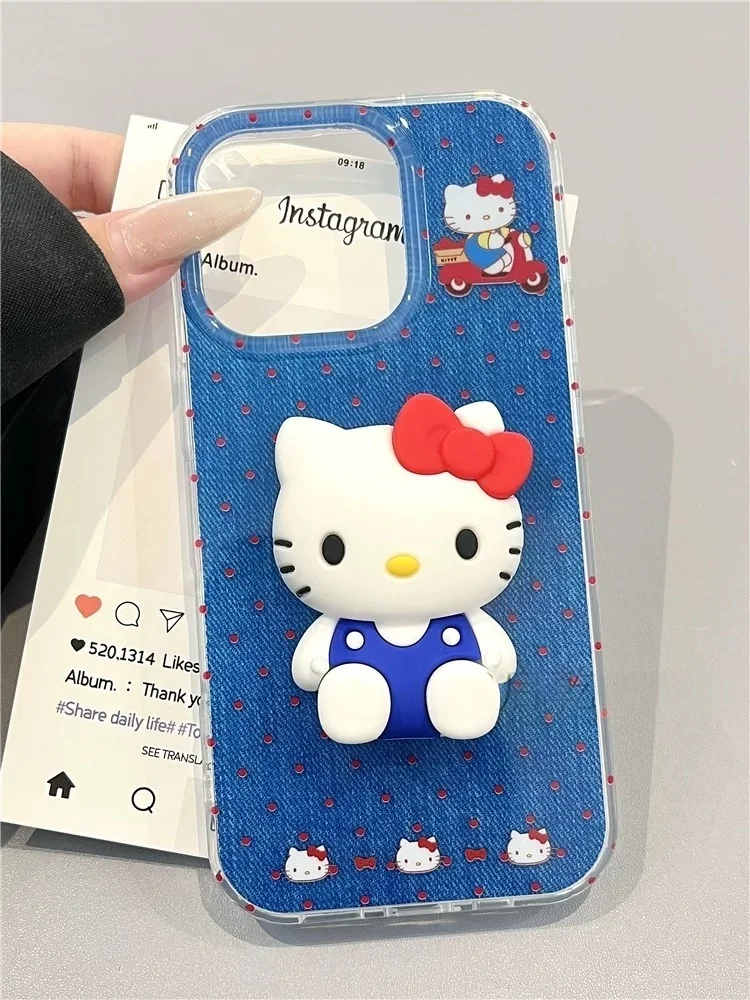 

Cute Blue Cowboy Cartoon 3D solid Hello Kitty Doll Phone Case For iPhone 13 14 15 16 Pro Max Cartoon Kitty Polka Dots Cover