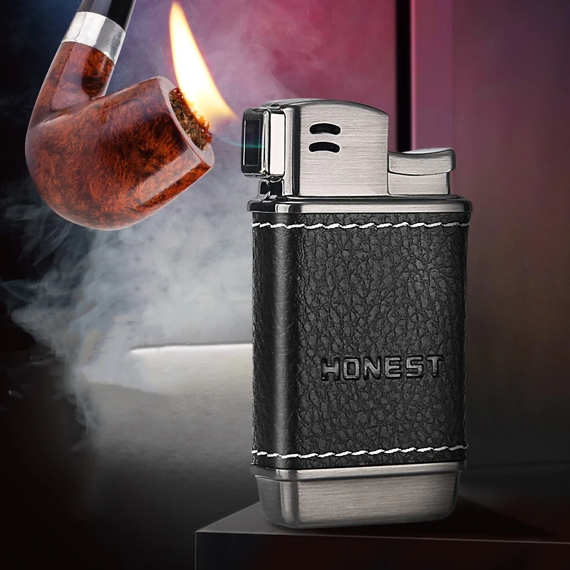 HONEST Upscale Genuine Leather Metal Gas Cigar Lighter Oblique Out Open Flame Pipe Dedicated Cigarette Lighter Men's Gift