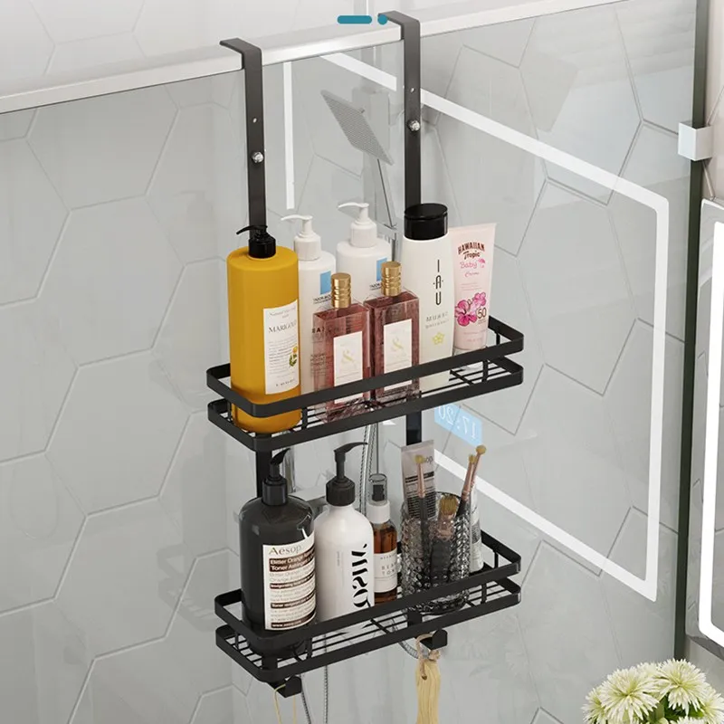 Stainless Steel Bathroom Storage Rack Wall Hanging 2-Layer Shower Gel Frame Hole-Free Door Hanging Basket Bathroom Storage Rack