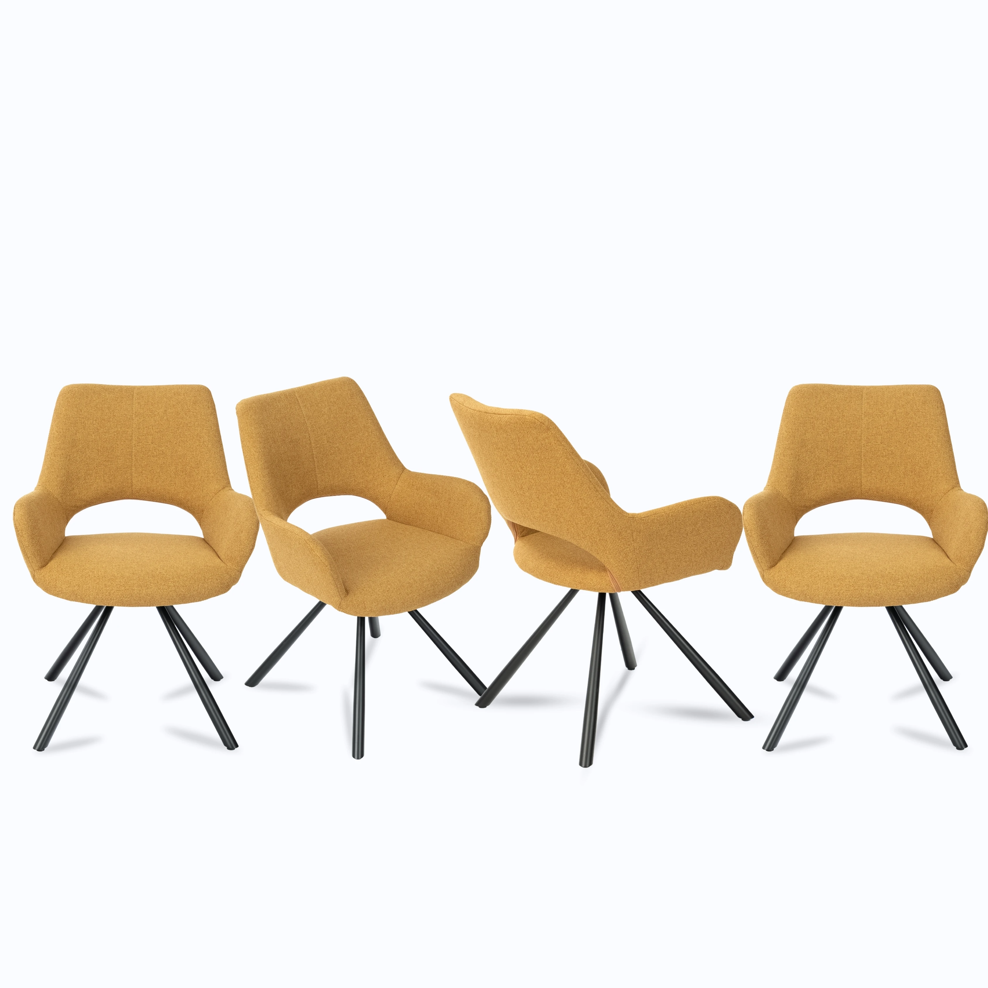 Juego de 4 sillas de comedor escandinavas con reposabrazos de metal y patas de tela, color amarillo