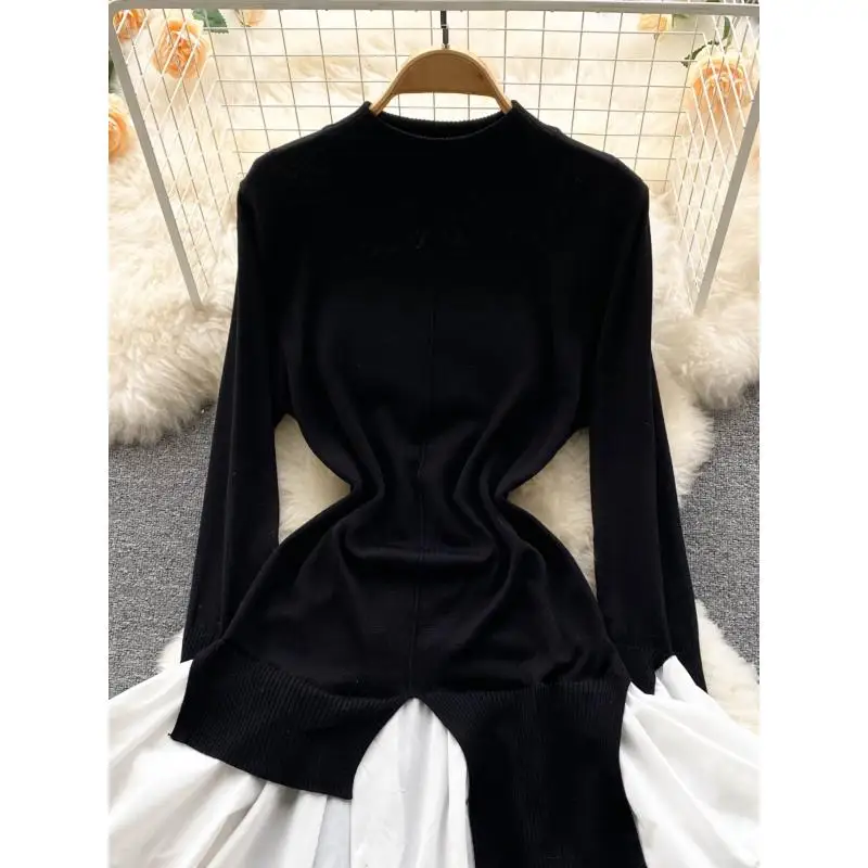 GetSpring Women Sweater Dress 2024 Autumn Fashion Elegant Color Matching O Neck Full Sleeve Slim Fit Long Black Knitted Dresses