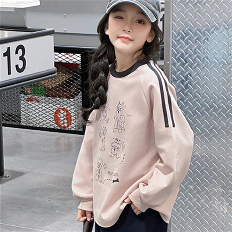Teens Girl Clothes Children Sweatshirt Cartoon Print Tops Long-sleeved Loose Fashion Kids Child Autumn Comfy Clothing Age 5-14T