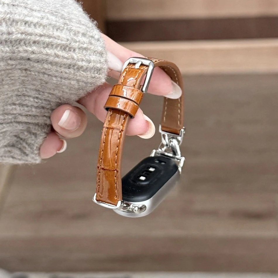 Copper Chain Bamboo Leather Bracelet For Xiaomi Mi Band 10 8 9 Strap Miband 9Pro 8 Pro Stylish Slim Smart Watch Replacement Band