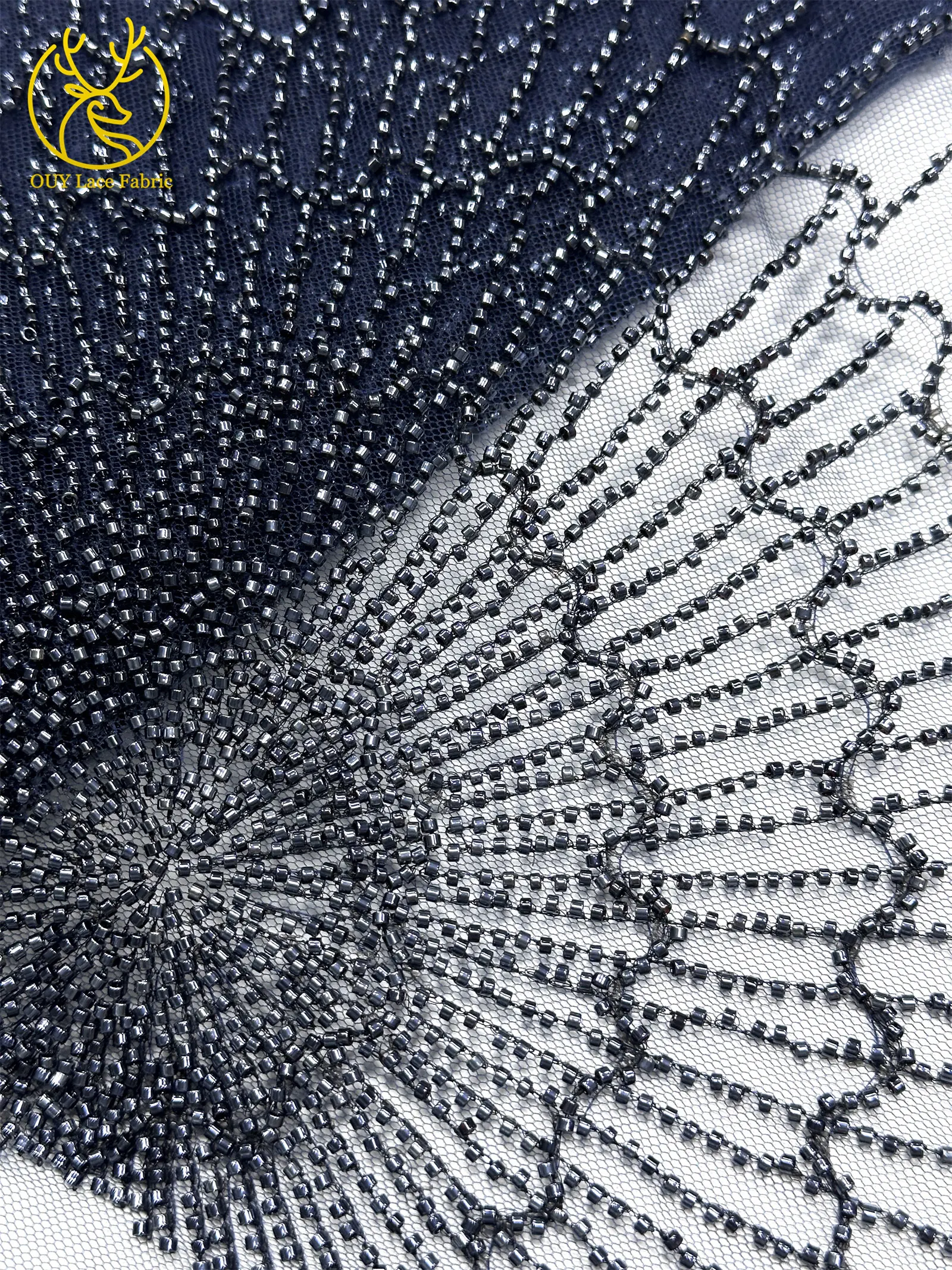 Luxuriöser afrikanischer, stark perlenbesetzter Spitzenstoff, goldene nigerianische Perlen-Spitze, französischer Tüll-Spitzenstoff für Brautkleider und Hochzeitskleider zum Nähen – Detail 26