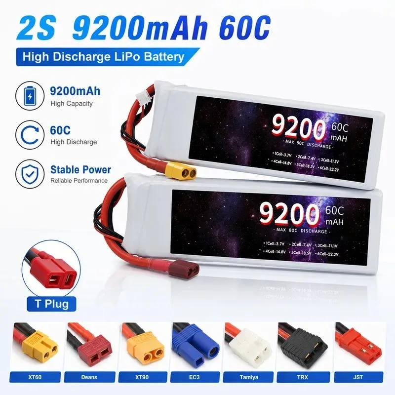 9200mAh 60C 2S 7.4V Rechargeable Polymer Lithium Battery for Model Aircraft Car Drone RC Toy