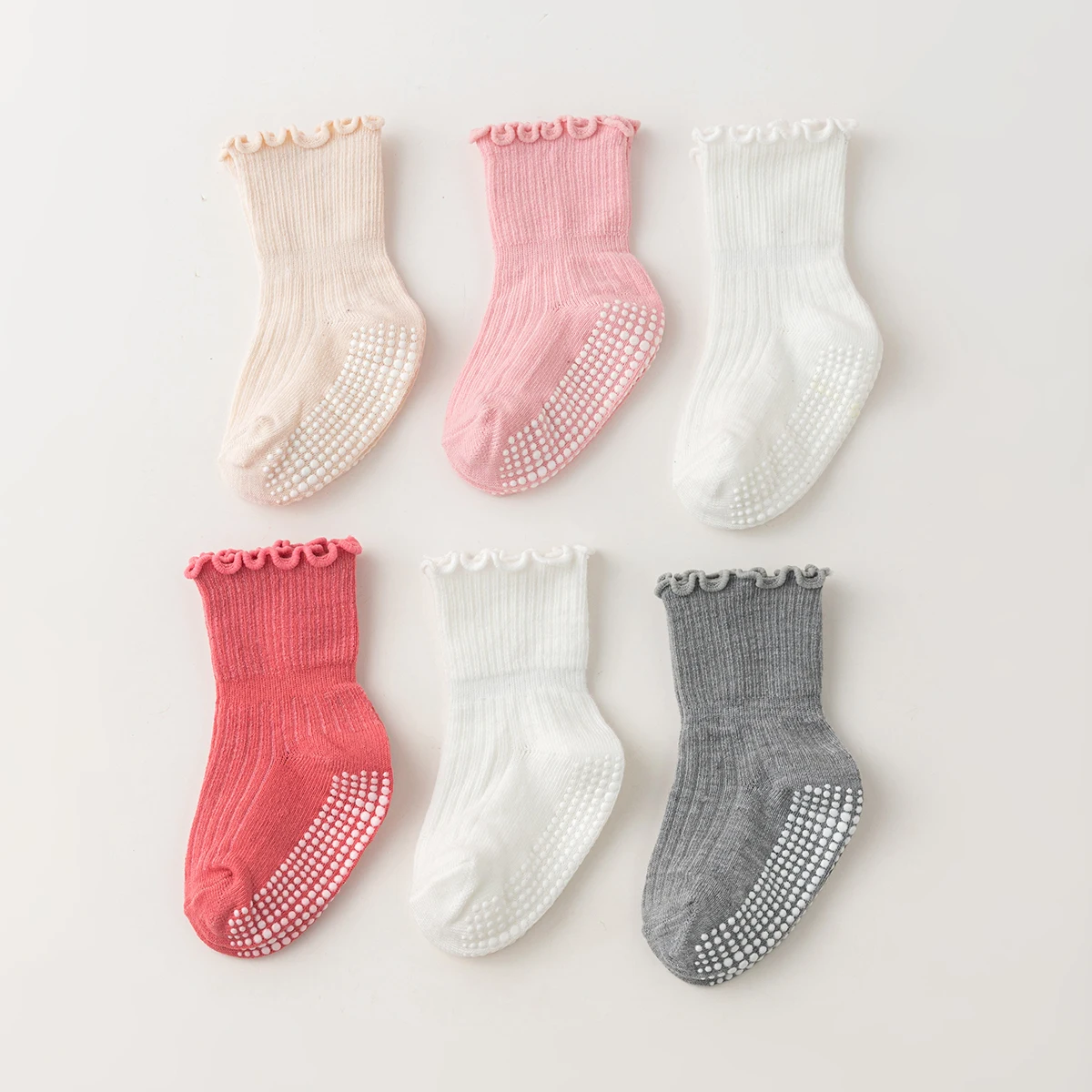 6 Pairs Anti-Slip Baby Walking Socks for Girls with Wood-Grain Edge Design Comfortable Loose Floor Socks for Infants