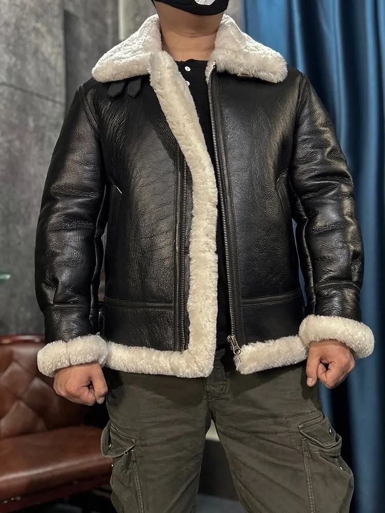 2025 Winter Fashion Men's Bomber Jacket Genuine Sheepskin Lambskin Leather Coat Natural White Wool Liner Black Windbreaker xxxxl