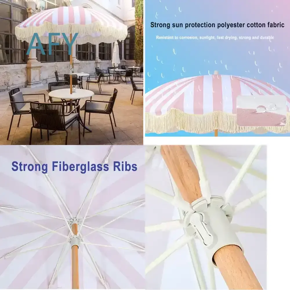 Custom Outdoor Travel Sun Beach Umbrella for 1.8m Luxury 200g Polyester Cotton Tassel Fringe UV Protection Shade Umbrella for