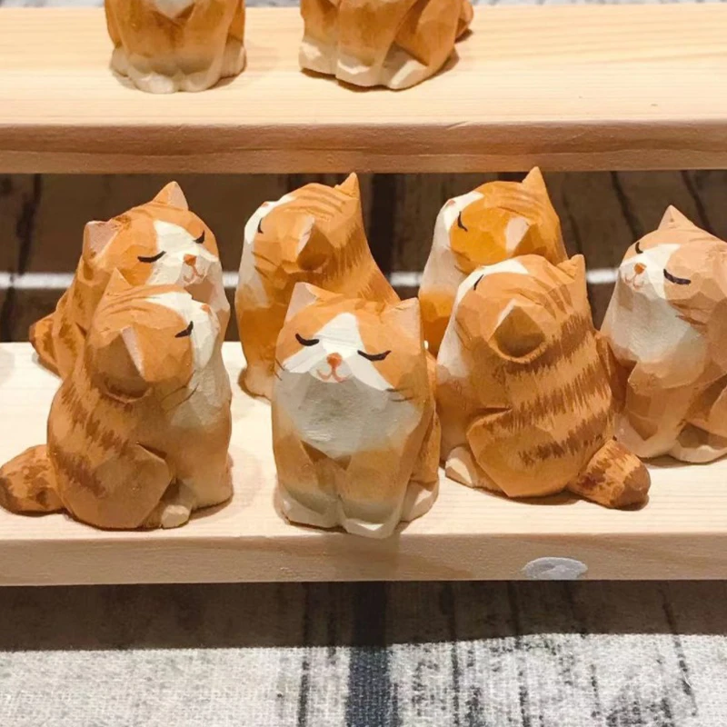 Mini Wooden Animal Figurine Hand Carving Wood Cat Statues Cute Painted Cats Crafts Ornaments Table Deocr Gifts