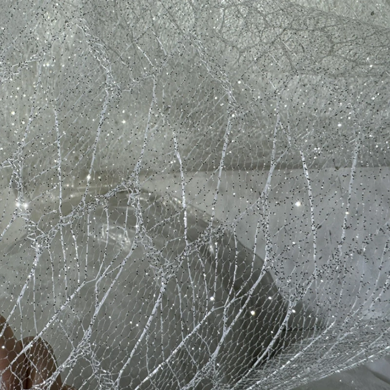 Hard Mesh Fabric Silver Glitter for Wedding Dress Styling Designer Handmade Diy Sewing Material Cloth By The Meter