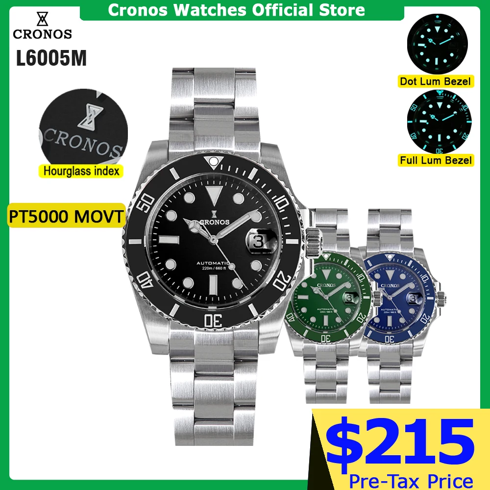 Cronos Sub Diver Herrenuhr, Edelstahl, PT5000, Armband, Keramiklünette, 200 Meter wasserdicht, Glideclasp L6005 V3