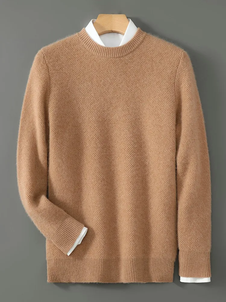 

Мужской осенне-зимний свитер с круглым вырезом из 100% мериносовой шерсти, повседневный модный мягкий удобный верхний базовый свитер, вязаный свитер