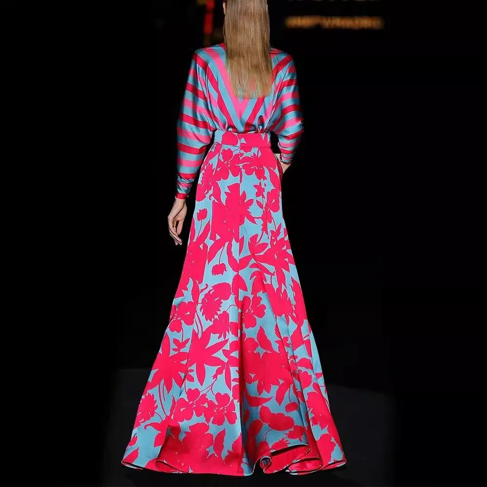 Women Vintage Boho Maxi Dress Sexy V Neck Floral Print Hem A-Line Dress Elegant Fashion Half Sleeved Waist Cinching Party Dress