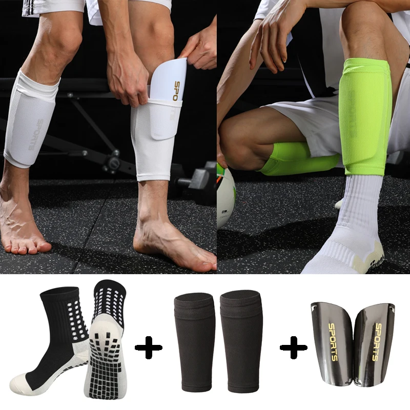 3-Piece A Set Football Equipment Anti Slip Soccer Socks Adult Kids Football Shin Guards Sleeves With Pocket Leg Guards Support