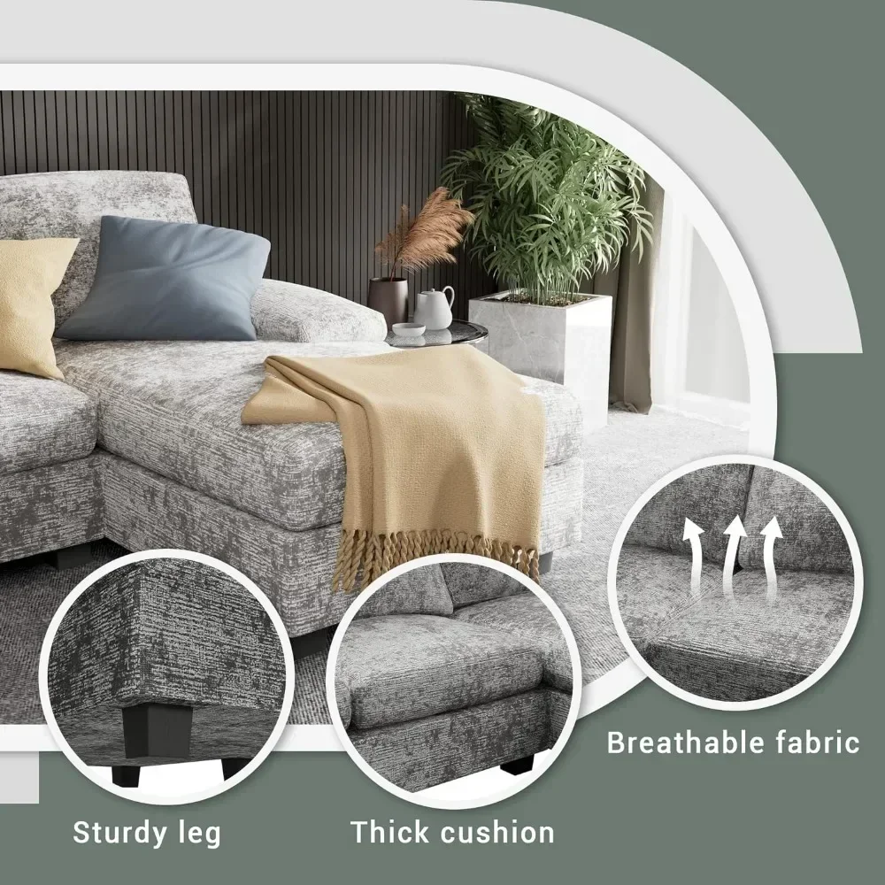 Convertible Sectional Sofa Couch, 4 Seat Sofa Set for Living Room U-Shaped Modern Fabric Modular Sofa Sleeper with Double Chaise image 4