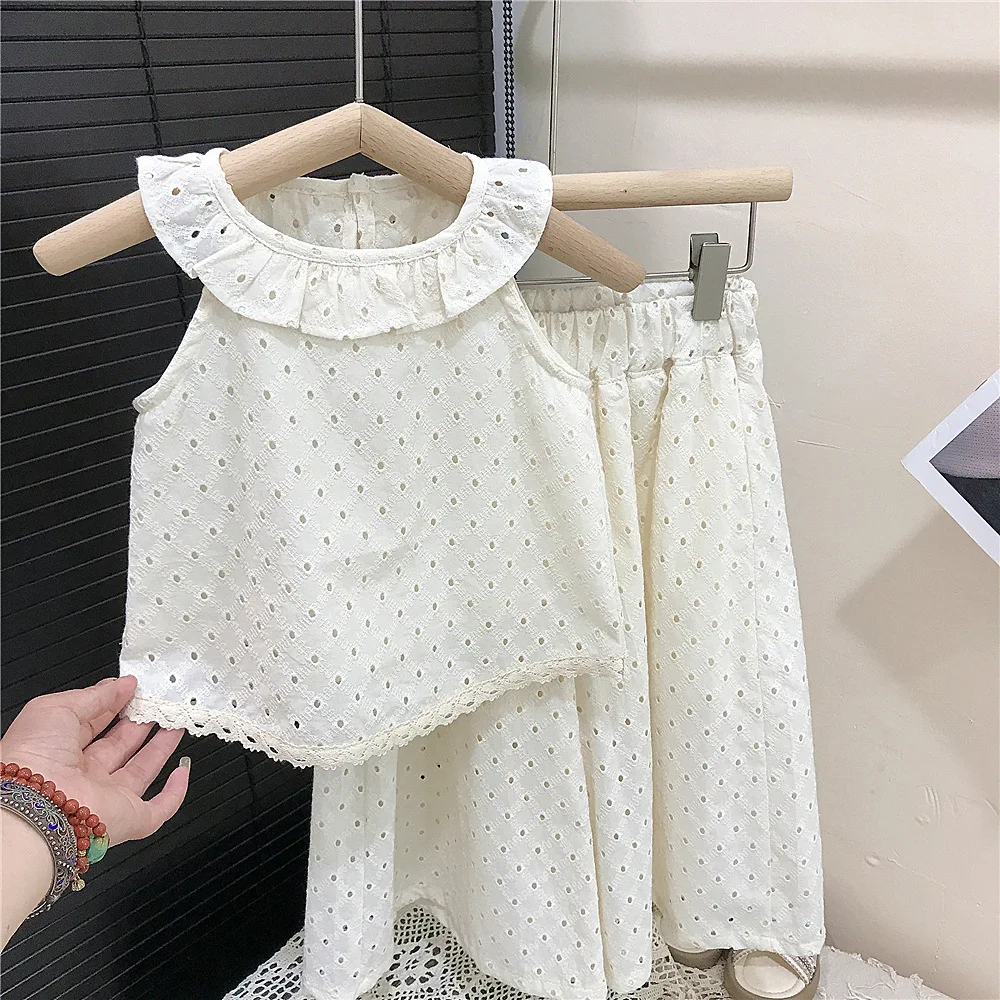 Korean children's clothing girls' set summer outfit new for baby girls sweet lotus leaf collar hollow vest wide leg pants