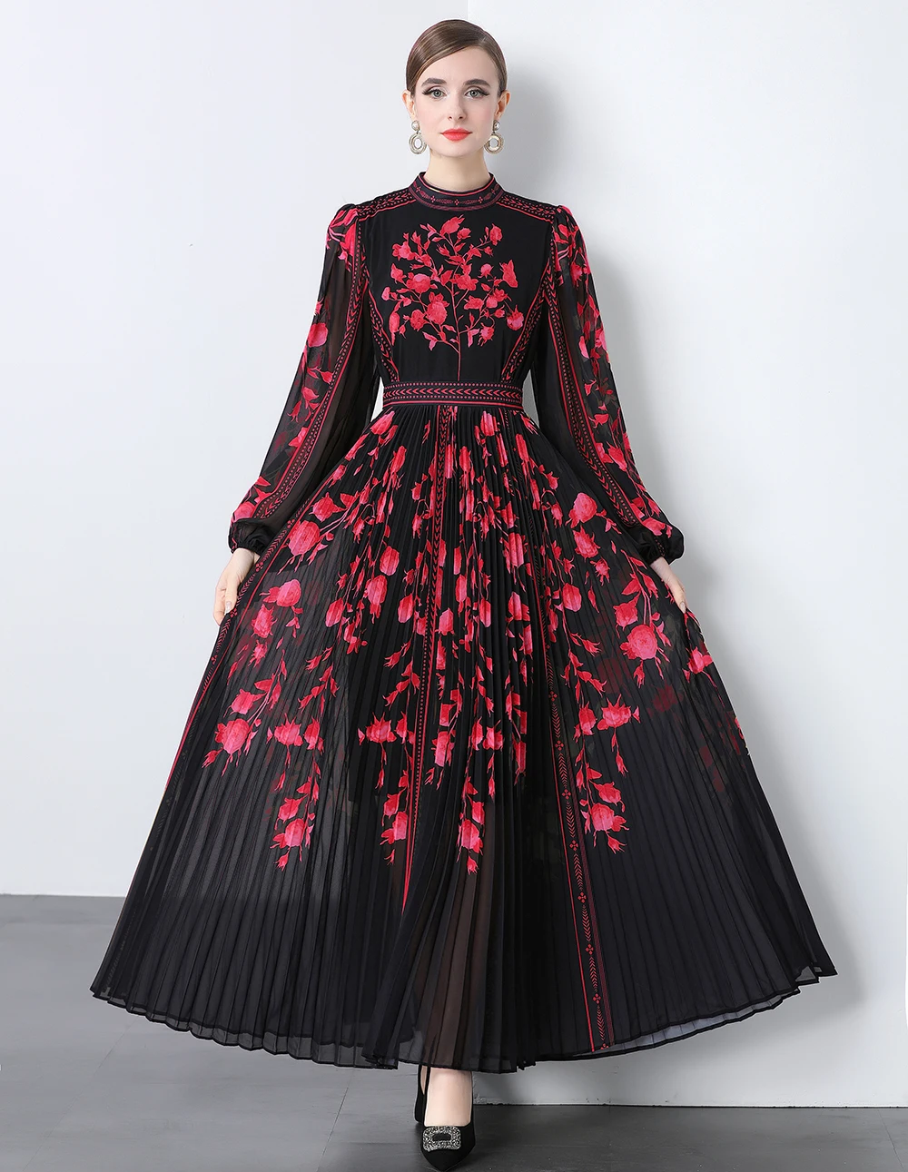 ضرب فساتين الطباعة الملونة للنساء جولة الرقبة أكمام عالية الخصر فستان طويل ماكسي الإناث الصيف أزياء نمط جديد