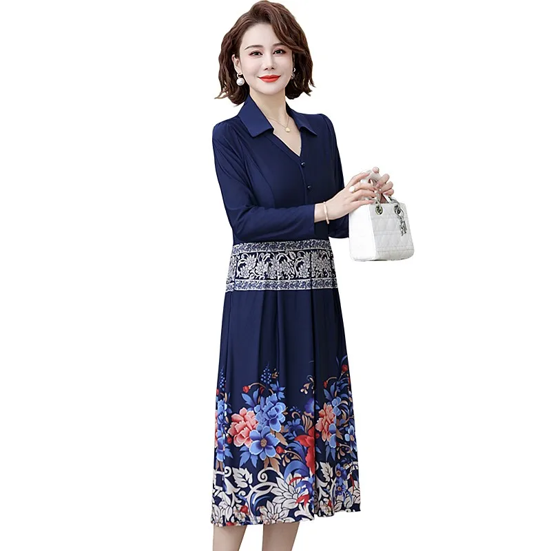 Stylish V-Neck Button Midi Dress SpringA-Line Waist Vintage Positioning flower Commute Long Sleeve Dresses Women's Clothing