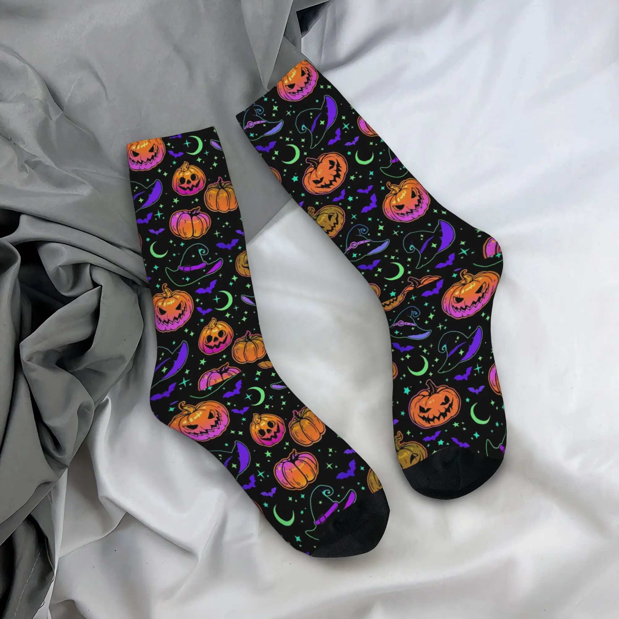 Psychedelic Neon Halloween Pumpkin Socks Men Women Polyester Casual  Socks Harajuku Spring Summer Winter Middle Tube Socks Gifts