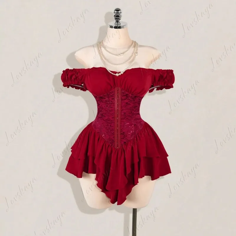 

Pleated Flounce Off Shoulder Chiffon Dress Elegant Jacquard Spliced Daily Short Dress