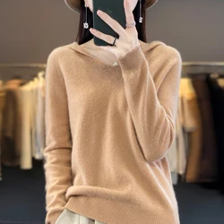 100% Merino Wool Hooded Sweaters Women Knitted Pullover Top Winter Warm Soft V-Collar Polychrome Sweater Women's Jumper