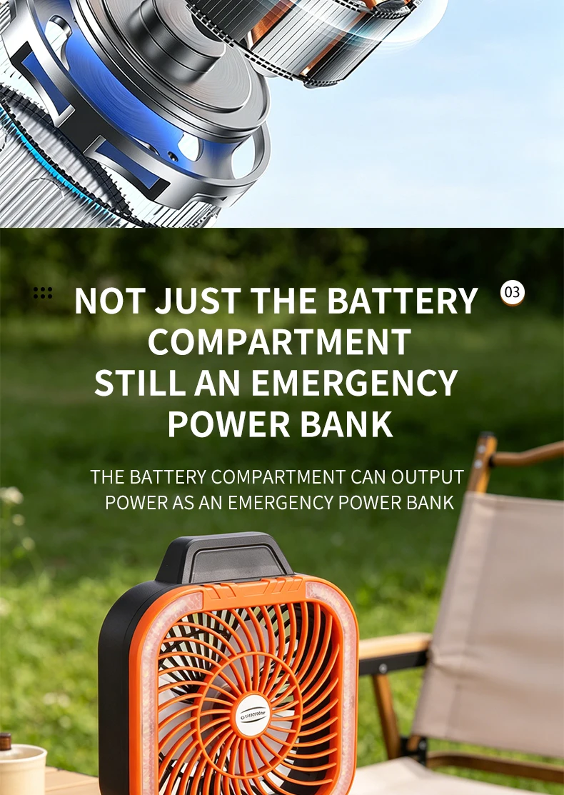 Solarbetriebener Campingventilator, tragbarer, wiederaufladbarer Tischventilator für den Außenbereich mit LED-Licht, Powerbank, Klapphaken für Zelt und Angeln – Detail 7